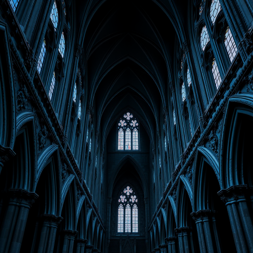 A dark, intricate Gothic architectural interior with detailed stone carvings and a blue color palette, captured using a Canon EOS R5 with a 24mm f/1.4 lens at ISO 100, aperture f/8, shutter speed 1/60 seconds, in a wide-angle perspective to emphasize depth and texture.