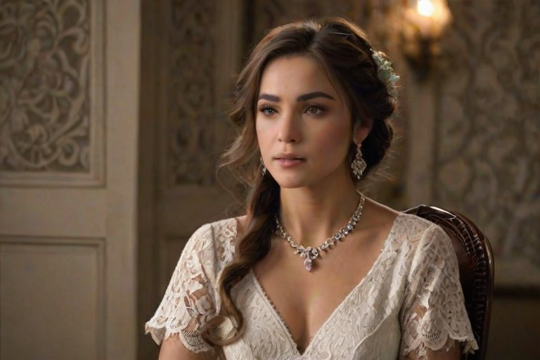 Create a portrait of a refined and elegant Turkish woman seated in a sophisticated setting. She has long, wavy hair styled in two thick braids that are pulled over her shoulders. She wears a white, lace gown with intricate patterns, featuring a deep V-neckline and short sleeves. The dress exudes a vintage charm with its delicate lacework. She is adorned with ornate, dangling earrings that add a touch of glamour to her appearance. The background is softly lit, with warm, ambient lighting that creates a cozy and inviting atmosphere. Her expression is poised and serene, capturing a sense of grace and elegance.