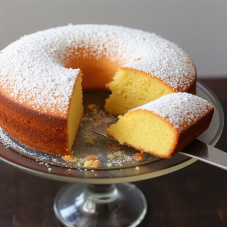 A freshly baked golden cake dusted with powdered sugar on a glass cake stand with a slice cut out and a knife resting beside it.