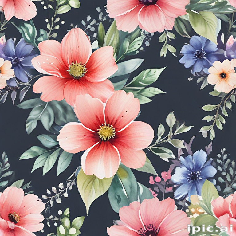 Vibrant Floral Pattern Featuring Pink and Blue Flowers on Dark Background