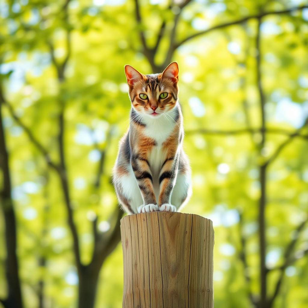 Generate an image of a cat perched on a wooden post in a sunny outdoor setting, with vibrant green trees in the background, captured using a Canon EOS R5, 50mm f/1.2 lens, aperture f/2.8, ISO 100, and a shallow depth of field for a soft background blur.