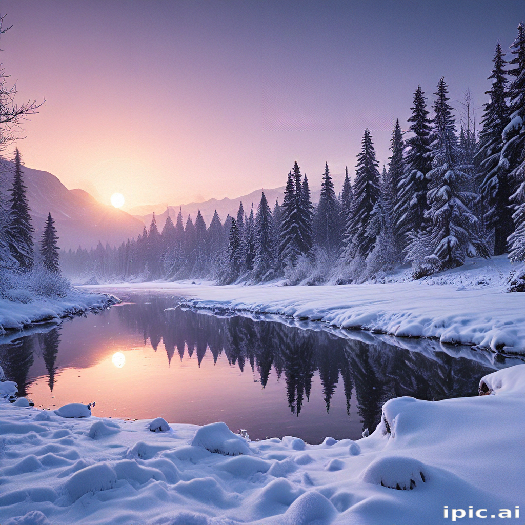 Tranquil Winter Landscape at Sunrise with Snow-Covered Trees and River