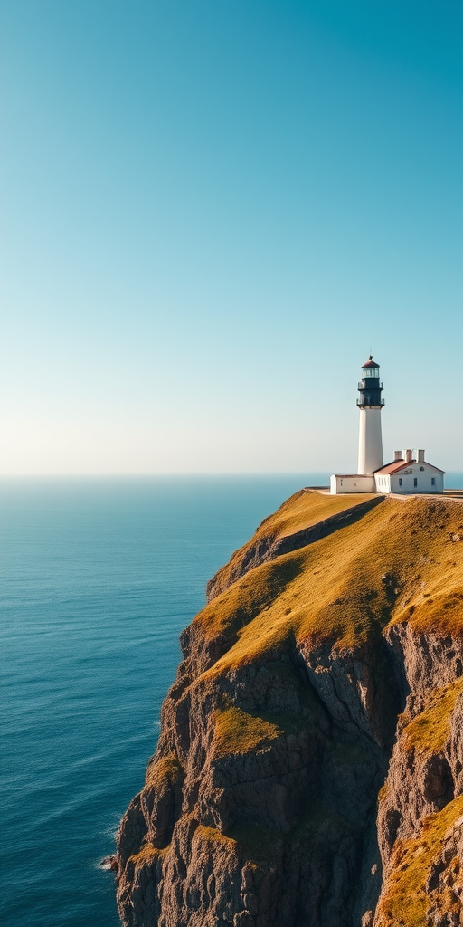 Aerial view of a rugged coastline with a lighthouse on a grassy cliff, clear blue skies, calm sea, taken with a drone camera, 4K resolution, ISO 100, f/2.8 aperture, 1/200s shutter speed.