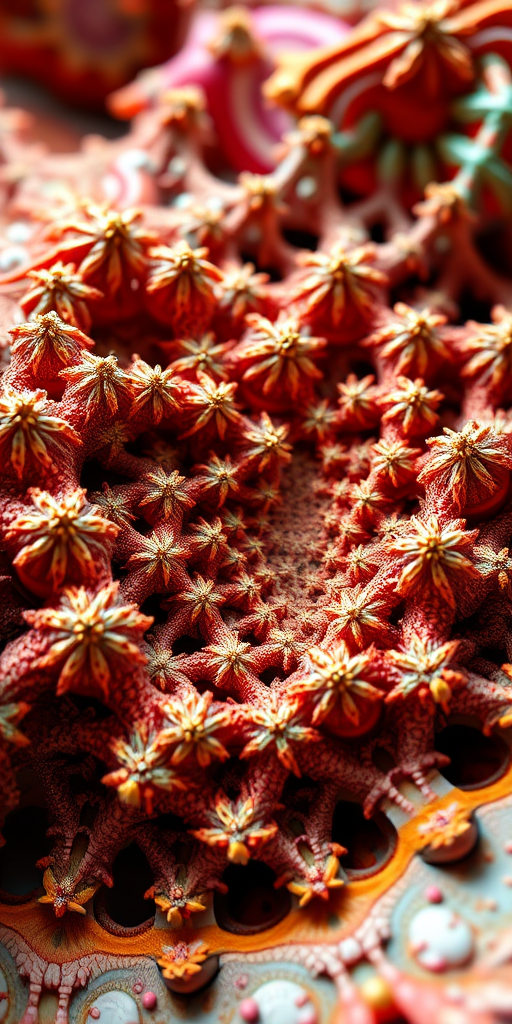Create a highly detailed 3D fractal scene featuring intricate shapes and patterns, with vibrant colors and enhanced depth, using a wide-angle lens, aperture set to f/8 for crisp focus, ISO 100 for low noise, captured with a DSLR camera in macro mode.