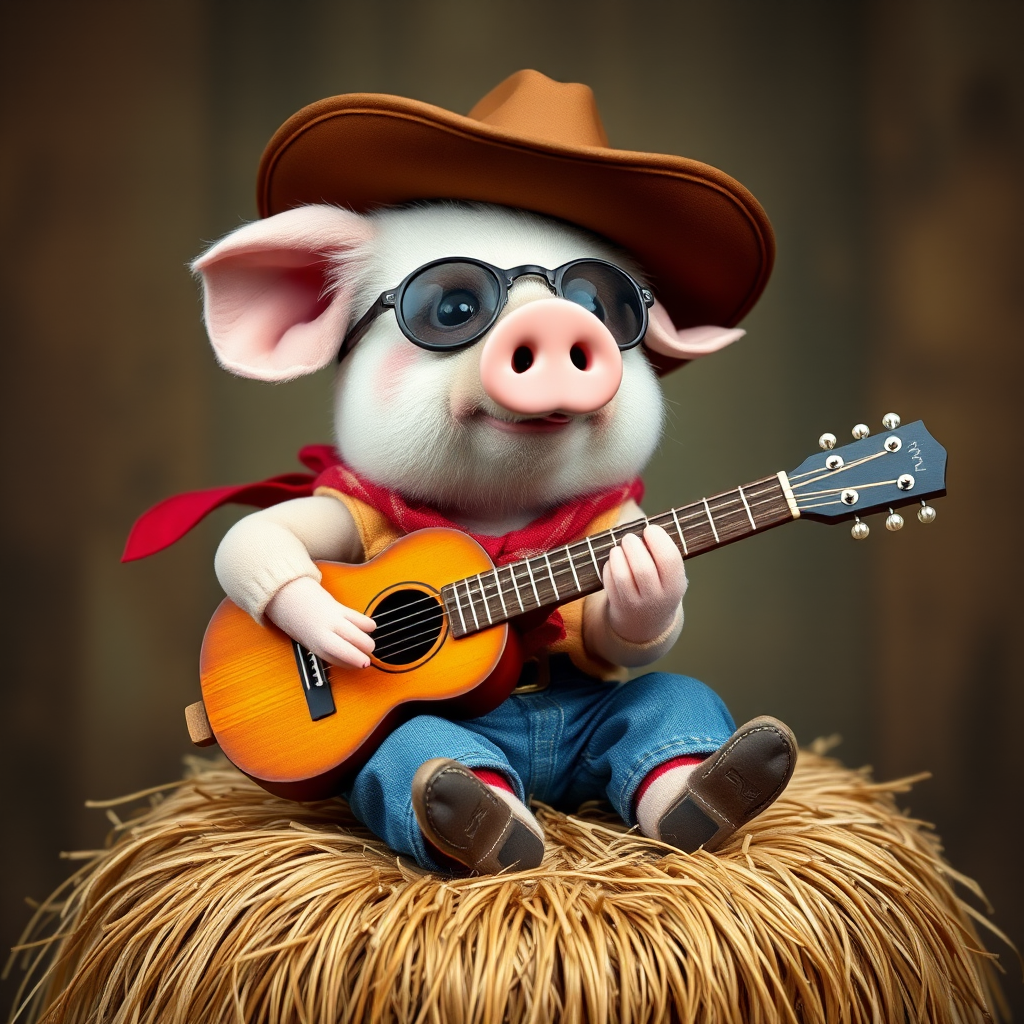 A chibi pig, dressed as a cowboy, playing guitar, sitting on a hay bale