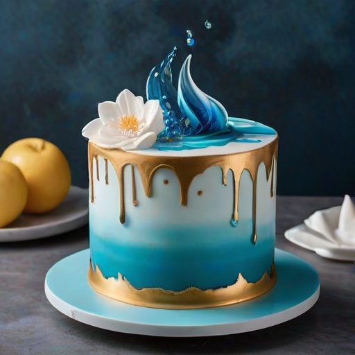 Create a visually stunning cake design featuring multiple layers with varying shades of blue and white. Incorporate elegant, wavy fondant decorations cascading down the sides. Add a striking decorative element on top that resembles a splash of water, using clear, glass-like sugar art. Include spherical accents in gold and teal for added contrast and sophistication. Ensure the cake has a modern and artistic presentation.