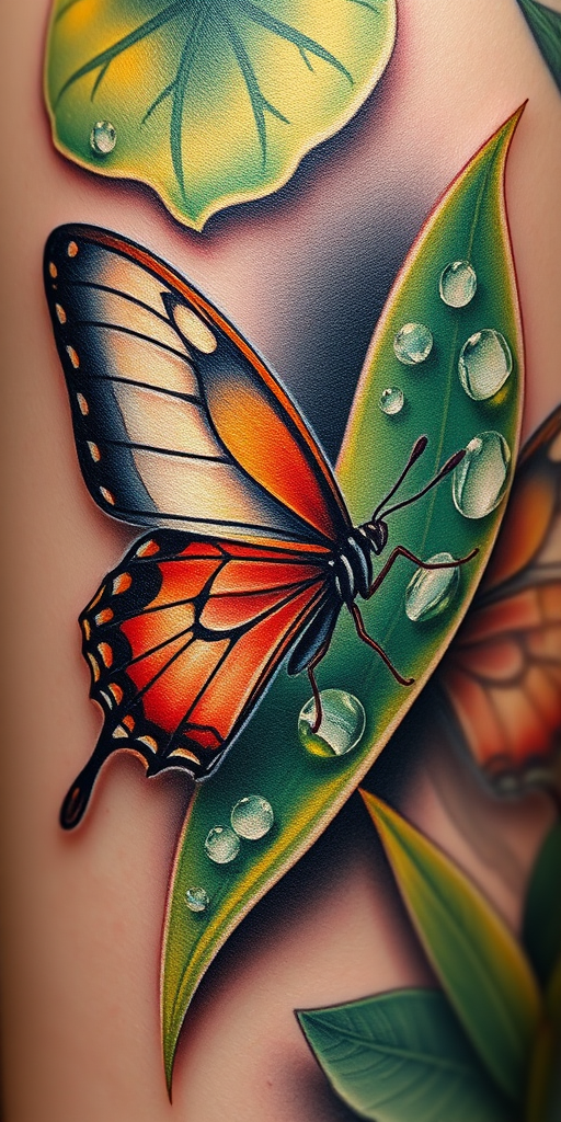 Realistic 3D tattoo illustrating a hyperrealistic butterfly perched on a dewdrop-covered leaf, lifelike details and shading creating an illusion of depth, vibrant colors bringing the scene to life