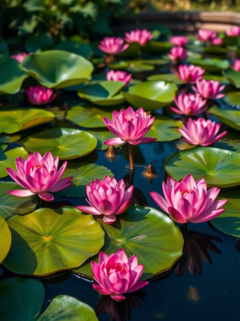 a tranquil pond with vibrant pink lotus flowers surrounded by large green lily pads, shallow depth of field, macro lens, f/2.8 aperture, ISO 200, 1/200 sec shutter speed, soft natural lighting, captured with a DSLR camera