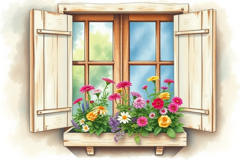 Create a detailed watercolor illustration of a rustic window with a flower box, featuring vibrant flowers, soft natural light, shot with a Canon EOS 5D Mark IV at f/8 aperture, ISO 200, 50mm lens, shallow depth of field, and a soft focus background for an artistic and dreamy effect.