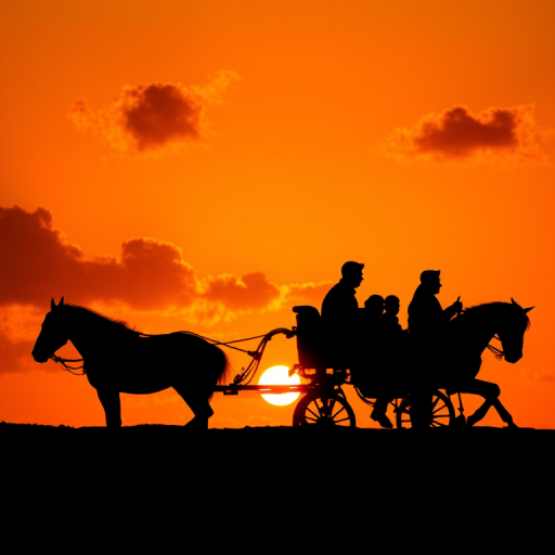 create a silhouette of a horse-drawn carriage with multiple passengers against a vibrant orange sunset background, include dramatic clouds in the sky, use a DSLR camera with a 50mm lens, aperture f/2.8, shutter speed 1/1000s, and ISO 200 for enhanced clarity and depth.