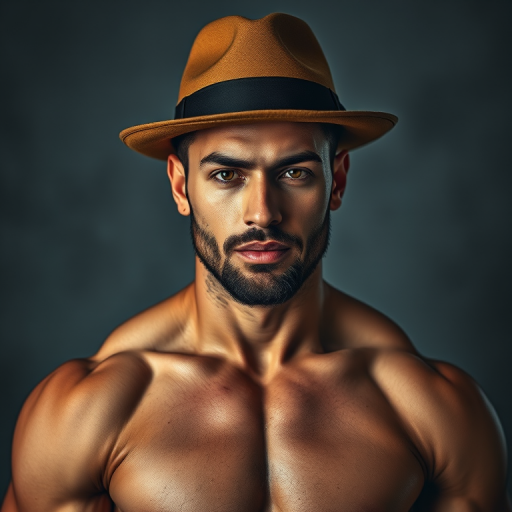 Regenerate the image of a muscular man wearing a fedora, camera settings: ISO 100, aperture f/2.8, shutter speed 1/200, camera view: portrait, camera style: high dynamic range, camera type: DSLR.
