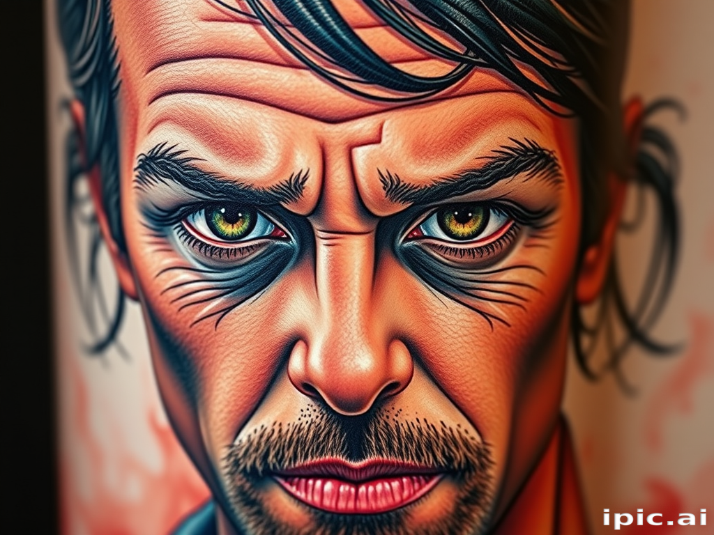 Hyper-realistic color portrait tattoo called "Living Canvas" capturing every nuance and detail of a subject's face with stunning accuracy, utilizing a wide range of colors and shading techniques, renowned for its lifelike quality