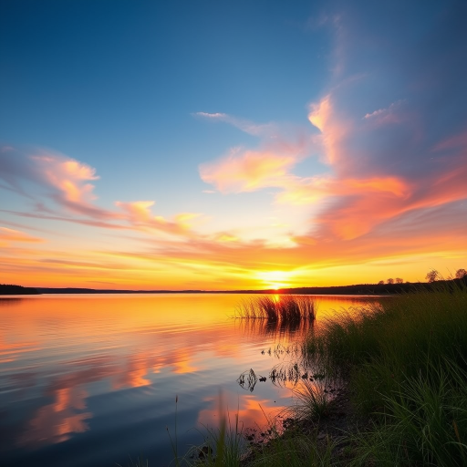 Generate a high-quality image of a serene sunset over a calm lake with vibrant colors in the sky and reflections on the water, using a DSLR camera with a 50mm f/1.8 lens at ISO 100, 1/200 sec exposure, shot from a low angle to emphasize the foreground and create depth.