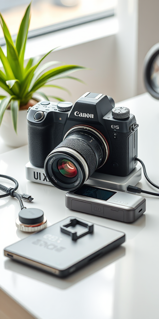 Create a high-resolution still life composition of futuristic audio-visual devices arranged artistically on a sleek surface, captured with a Canon EOS R5, 50mm lens, f/1.8 aperture, ISO 100, shot in natural light with a soft focus on background elements to highlight the products.
