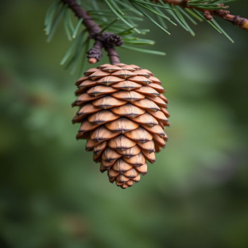 Close-up of a pine cone hanging from a branch, with blurred green foliage in the background, using a DSLR camera, aperture f/2.8, ISO 100, 50mm lens, shallow depth of field for enhanced focus on details.