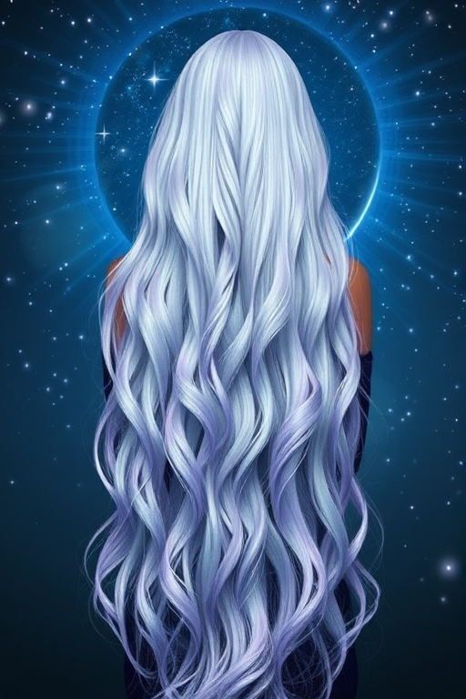 Ethereal Moonlight Goddess Locks flowing down to ankle-length, featuring a mesmerizing gradient of silver, pale blue, and lavender tones reminiscent of a starry night sky