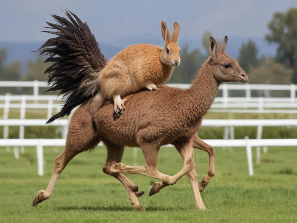 A rabbit riding an emu in a race against thoroughbred horses.