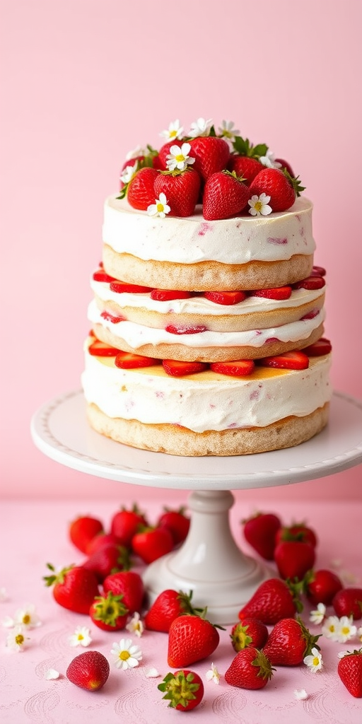 A three-tiered cake with layers of cream and strawberries decorated with fresh strawberries and tiny white flowers on top placed on a vintage cake stand with a light pink background and scattered strawberries and flowers around the base