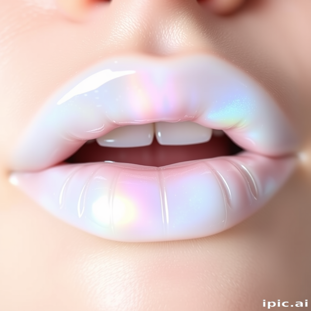 Opalescent white lips with a prismatic rainbow shift and glossy finish, titled "Ethereal Moonstone Aura"