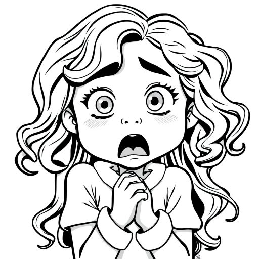 The image is a black and white illustration of a young girl with curly hair. She has a surprised expression on her face with her mouth open and her hands clasped together in front of her chest. Her eyes are wide and her eyebrows are furrowed. Her hair is styled in loose curls that are cascading down her back. The overall mood of the image is one of shock or surprise.