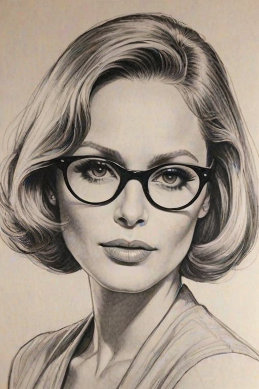 Fascinating Faye Dunaway, pencil sketch, portrait of Ravishing woman 1926s in glasses, hair style beatnik, outline, clear lines, fine lines, 8k