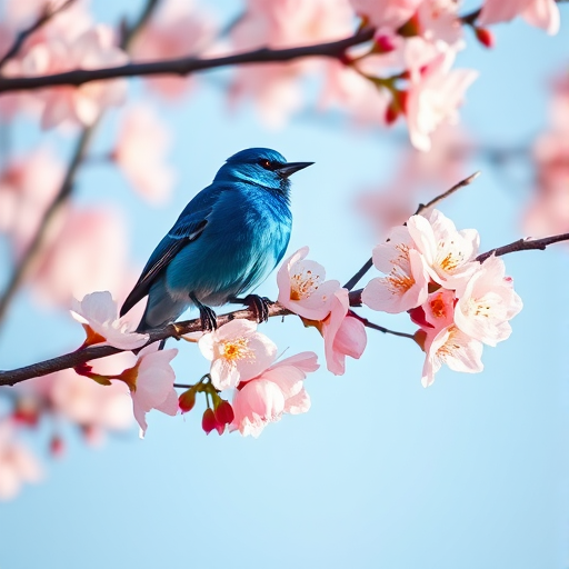 A vibrant blue bird perched on a blooming cherry blossom branch against a soft blue sky, captured with a DSLR camera at f/2.8, ISO 100, 1/200 sec, in a shallow depth of field, taken from a low angle with natural light.