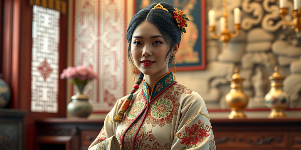 A beautiful Ashkenazi woman in traditional East Asian attire, intricately detailed with embroidered patterns, sitting gracefully in a richly decorated room, soft ambient lighting, serene and elegant, ultra-realistic, 8K resolution