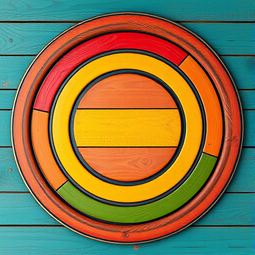 Generate an image of a circular pattern with horizontal stripes in red, orange, yellow, green, and teal colors, using a Canon EOS R5, f/8 aperture, 1/60s shutter speed, ISO 100, top-down view, with high-resolution texture detail for a vintage wood appearance.
