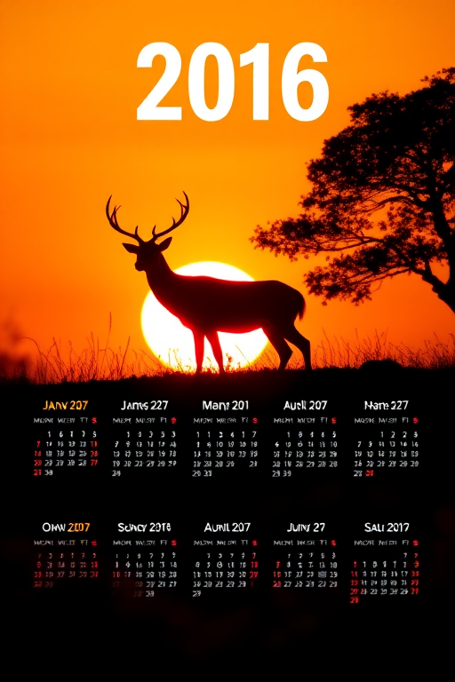 Create a serene landscape with a silhouette of a stag against a warm sunset background, incorporating a calendar for the year 2016 with months and days clearly displayed, use a DSLR camera with an aperture of f/8, a shutter speed of 1/100 sec, ISO 200, wide angle lens, and a soft focus effect to enhance the warm tones and details in the foreground.
