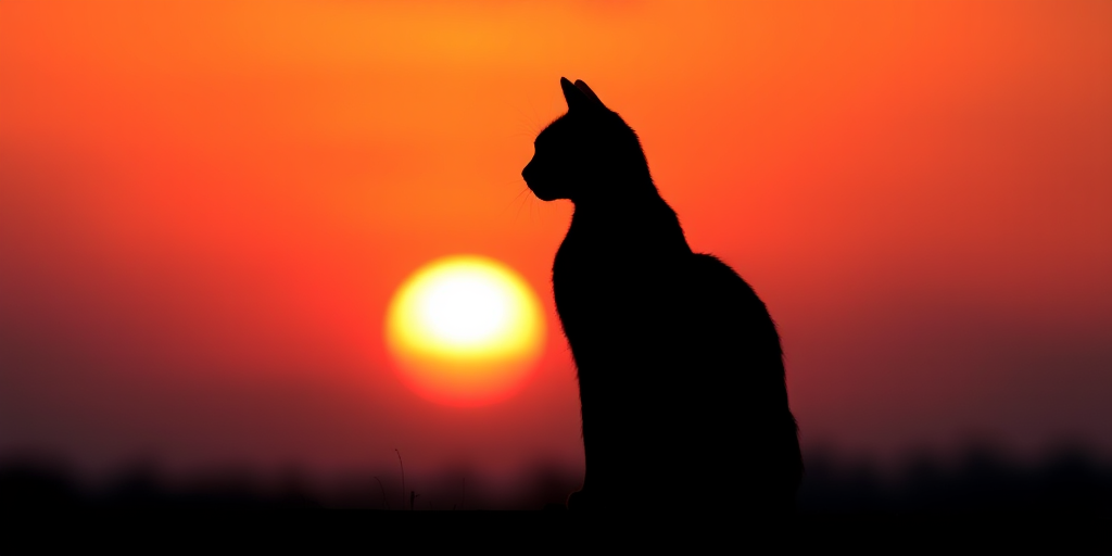 Create a high-quality silhouette image of a cat sitting gracefully against a vivid sunset background, captured with a DSLR camera at f/5.6, ISO 100, shutter speed 1/200s, in a portrait orientation, using a shallow depth of field to emphasize the cat's outline while softening the background.