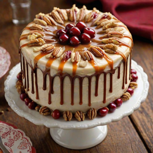 Create an image of a beautifully decorated cake. The cake should have a smooth buttercream frosting on the outside, drizzled with caramel sauce. The top should be adorned with a swirl of frosting and garnished with fresh cranberries and nuts. The cake should be partially sliced to reveal its moist interior, set against a rustic wooden background.