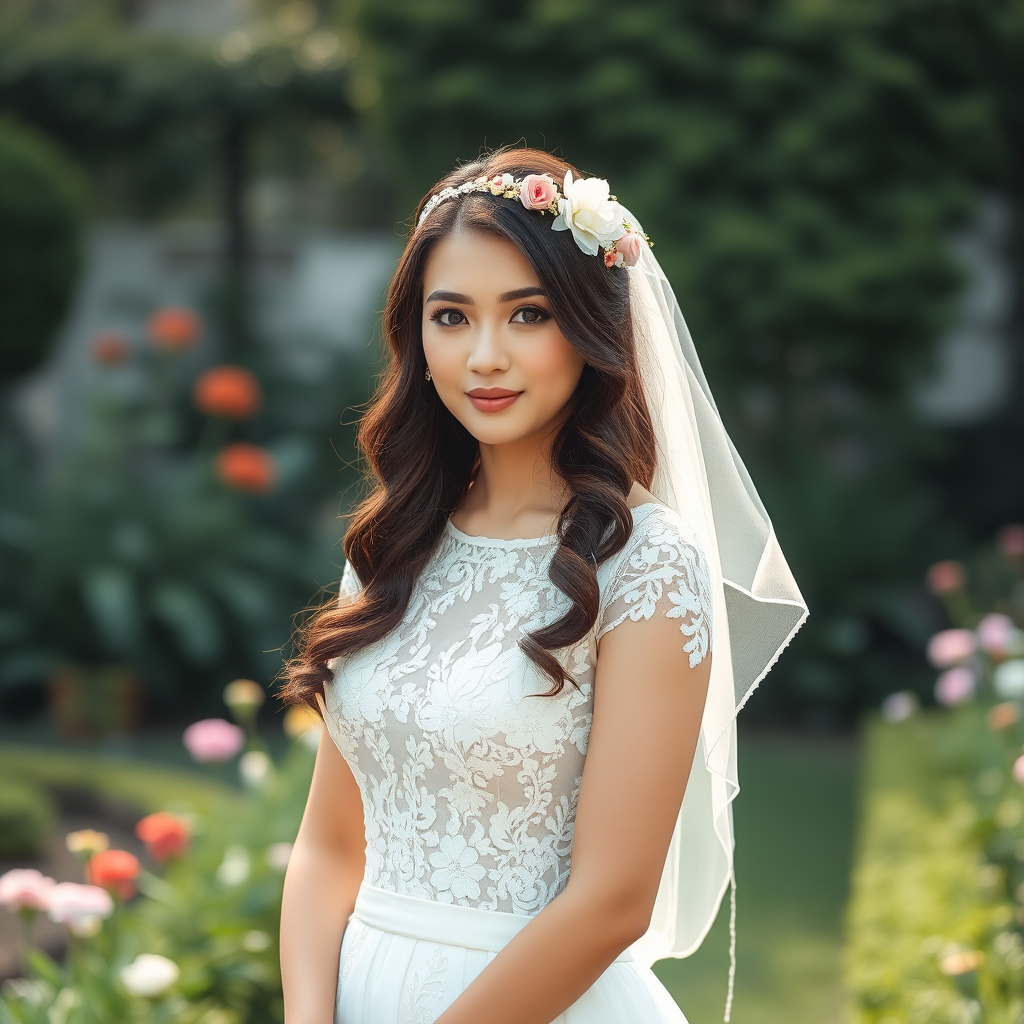 Garden scene, bridal model, delicate lace gown, floral headpiece, soft romantic focus, high-key lighting and an 85mm lens for soft, even tones that highlight the model’s face and bright outfit against a white or light background