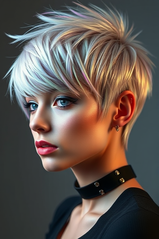 Futuristic holographic pixie cut named "Prism Punk" reflecting an array of metallic hues as light hits the precisely angled layers and textured fringe