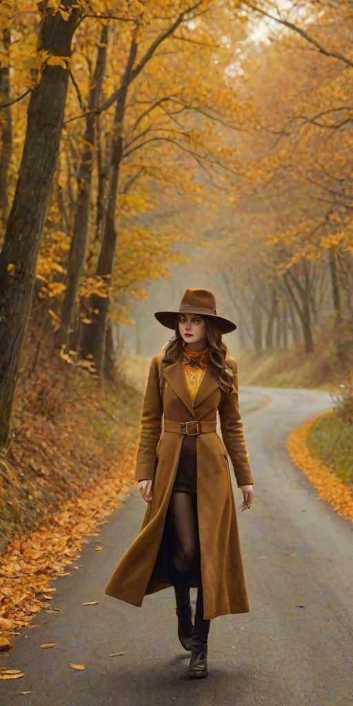 digital art fantasy depicting a strange girl with brown hair, long eyelashes, Yellow lipstick and a tall hat walking along a winding road on an autumn afternoon, an Jaguar smiles as she passes