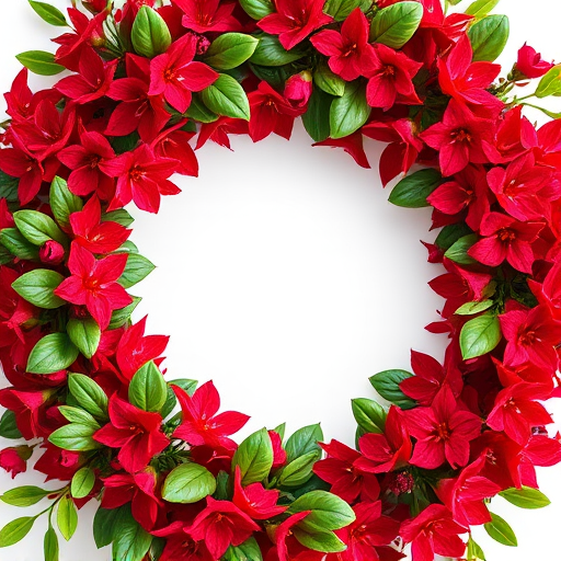 create a lush floral wreath with vibrant red blossoms and green leaves, shot with a DSLR camera at f/2.8 aperture, ISO 100, 50mm lens, in soft natural light for an elegant and detailed composition.
