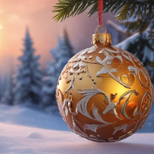 Beautifully Decorated Golden Christmas Ornament Hanging on a Snowy Tree