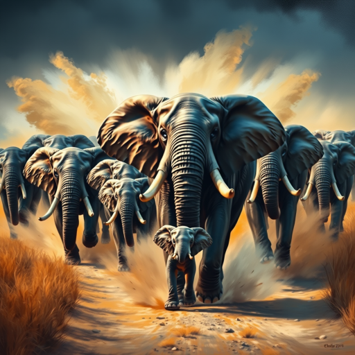 vivid colourful hyper-realistic Oil Painting. a charging group of many large angry elephants. A huge dominating bull elephant leads with huge white tusks ears. Includes a  baby elephant.  Lots of swirling dust whirling around them rising high and being kicked by their feet. Dark dramatic blue-grey fills the sky with warm breaking through. Colourful oil painting style. dry grass on the ground on each side. dark soft graduated band across top of picture. Warm colour. Art Look added in Topaz.
