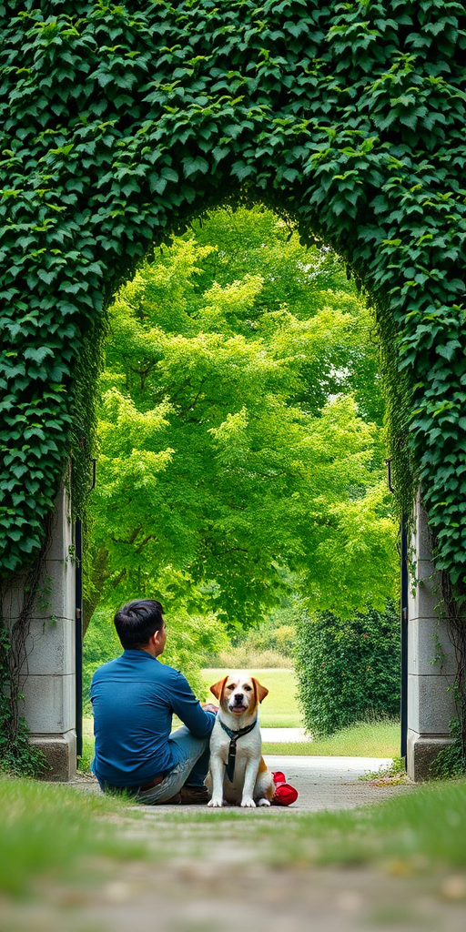 Capture a serene scene of a person sitting with a dog in front of an ivy-covered archway among lush green trees, using a DSLR camera with a 50mm lens, f/2.8 aperture, ISO 200, natural light, and a shallow depth of field to enhance image quality.