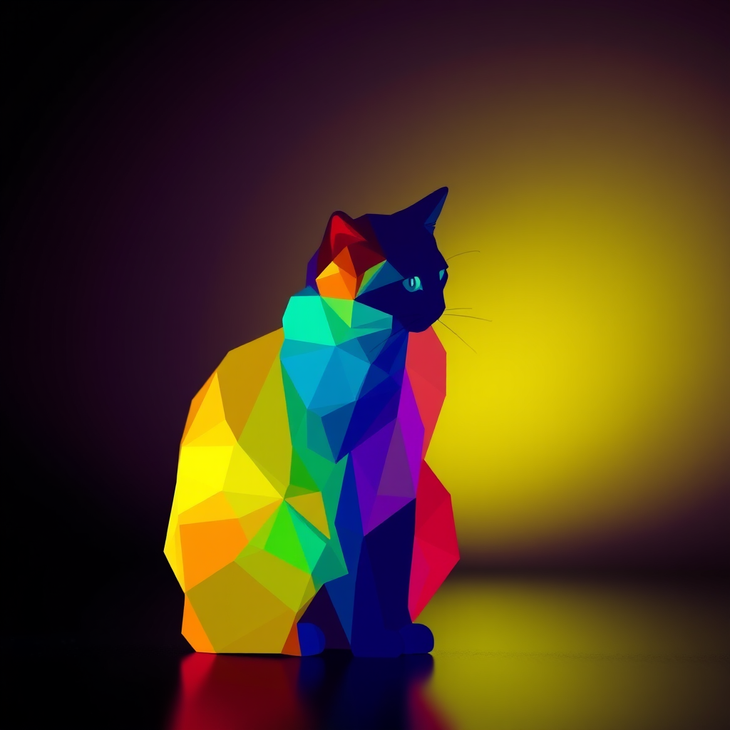 Create a vibrant, pixel-art-style silhouette of a cat made up of colorful geometric shapes in a variety of hues, captured with a Canon EOS R5, 50mm lens, f/2.8 aperture, ISO 100, with a soft-focus background to enhance depth.