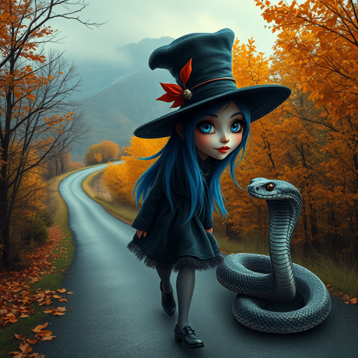 digital art fantasy depicting a strange girl with blue hair, long eyelashes, orange lipstick and a tall hat walking along a winding road on an autumn afternoon, an Cobra smiles as she passes