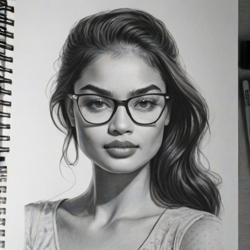 Exquisite Shanina Shaik, pencil sketch, portrait of Fascinating woman 1952s in glasses, hair style beatnik, outline, clear lines, fine lines, 8k