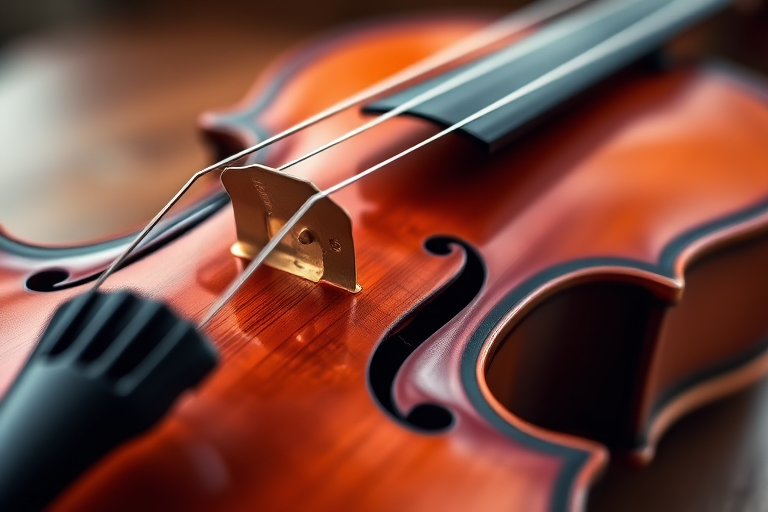 Create an image of a beautifully detailed violin, close-up view, sharp focus, natural lighting, shot with a DSLR camera, aperture f/2.8, ISO 100, 50mm lens.