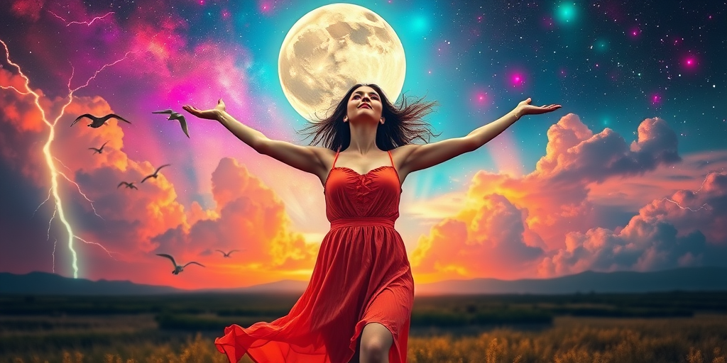 Create a vibrant, surreal image of a woman dancing with outstretched arms against a colorful cosmic background featuring a full moon, lightning, and flying birds, using vibrant colors and a dreamy atmosphere, captured with a DSLR camera in a landscape orientation, 50mm lens, aperture f/1.8, ISO 200, and a slow shutter speed to create a soft glow effect.