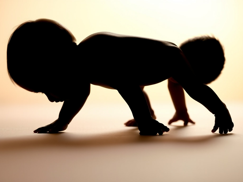 Create a high-resolution silhouette of a crawling baby on a soft pastel background, shot with a DSLR camera at f/2.8 aperture, 50mm lens, 1/200s shutter speed, in natural lighting from a side angle to accentuate the form and movement of the figure.