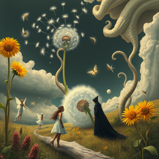 A surreal allegory featuring ethereal fairies, towering sunflowers, and an enigmatic witch, all set within a dreamlike landscape. The scene is dominated by a colossal dandelion, its delicate seeds floating through the air, reminiscent of Yves Tanguy's abstract forms. The environment is a blend of otherworldly elements and natural beauty, with twisted, elongated shapes and surreal colors that evoke a sense of mystery and enchantment.