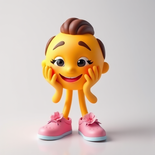 Create a 3D animated emoji character with exaggerated facial features, hands on cheeks, wearing pink shoes with flowers, on a transparent background, shot with a Canon EOS 5D Mark IV camera, using a 50mm lens at f/2.8, 1/125s shutter speed, ISO 100, and soft studio lighting to enhance details and colors.