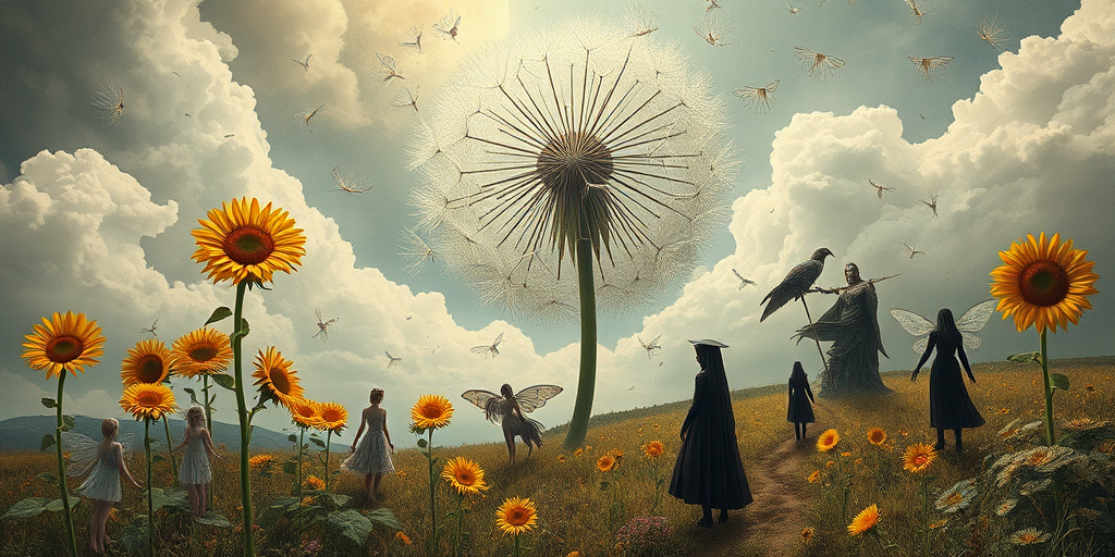 A surreal allegory featuring ethereal fairies, towering sunflowers, and an enigmatic witch, all set within a dreamlike landscape. The scene is dominated by a colossal dandelion, its delicate seeds floating through the air, reminiscent of Yves Tanguy's abstract forms. The environment is a blend of otherworldly elements and natural beauty, with twisted, elongated shapes and surreal colors that evoke a sense of mystery and enchantment.