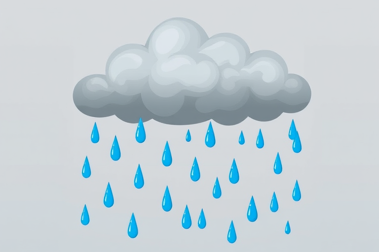 Create a stylized illustration of a gray cloud with vivid blue raindrops falling, using a digital art style, viewed from a slightly tilted angle, simulated with a Canon EOS 5D Mark IV, aperture f/8, ISO 200, and 50mm lens for clarity and depth.