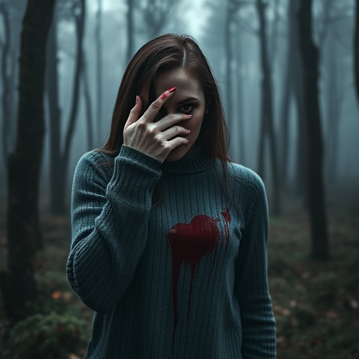 Create an eerie scene featuring a woman with half her face obscured, holding a bloodstained sweater, set in a misty forest, captured with a Canon EOS 5D Mark IV, 50mm lens, f/1.8 aperture, 1/250 sec shutter speed, and ISO 100, using a cinematic style.