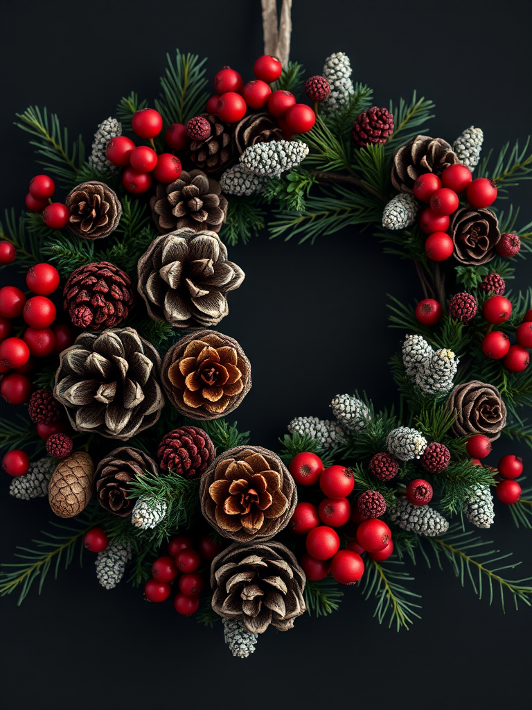 highly detailed floral wreath with pinecones and berries, soft lighting, macro lens, aperture f/2.8, ISO 100, 50mm lens, vibrant colors, dark background, shallow depth of field, high resolution